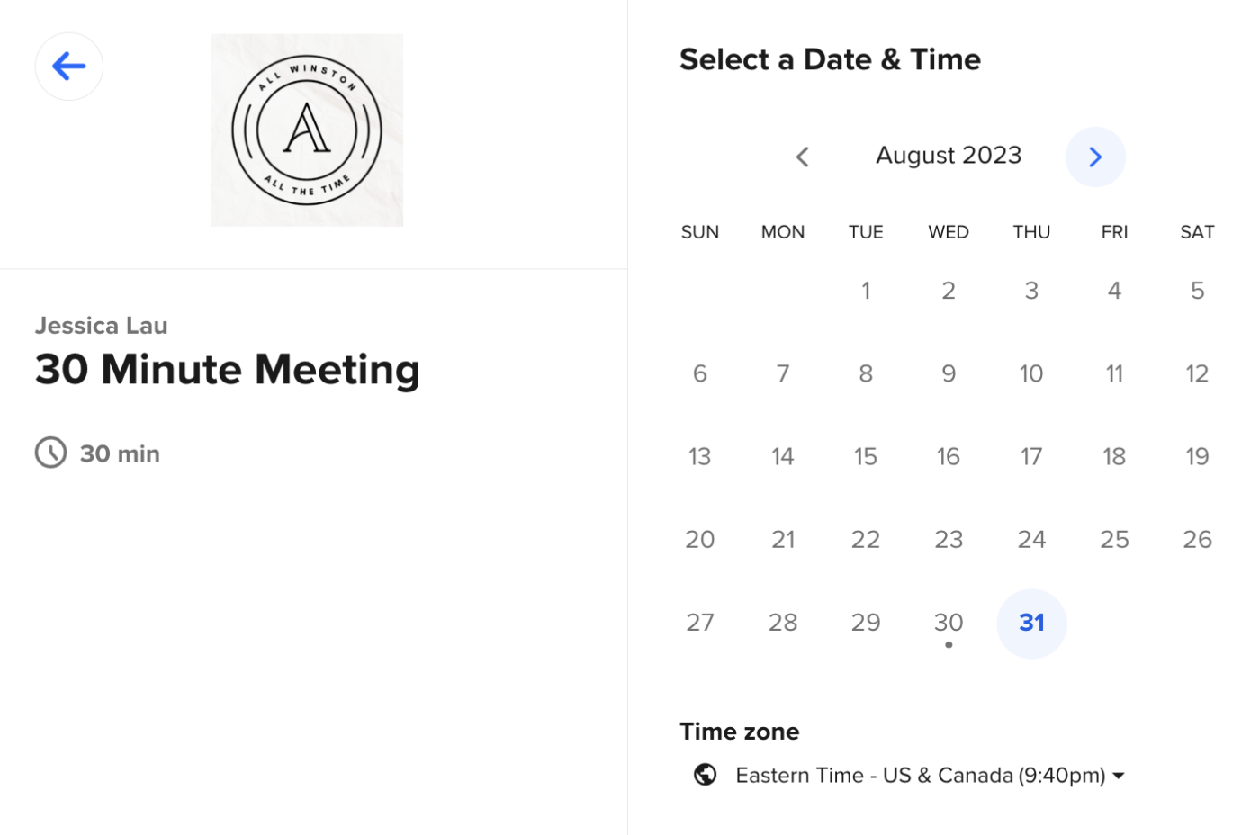 Example of a Calendly scheduling page without the Calendly branding.