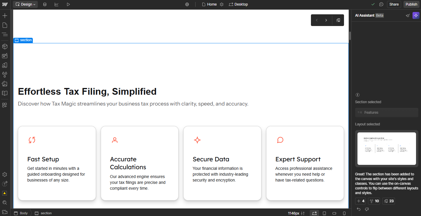 Using Webflow's AI assistant in Edit mode