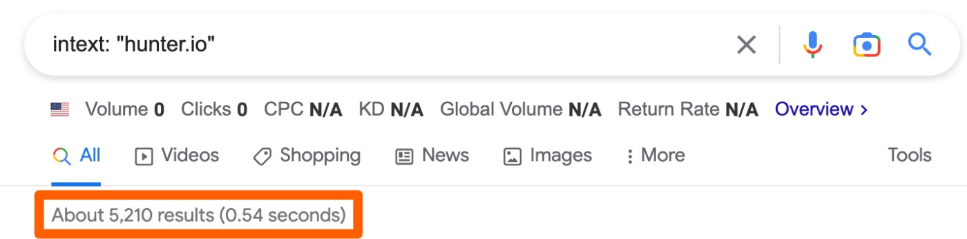 Finding unlinked mentions with Google Search (intext: "hunter.io")