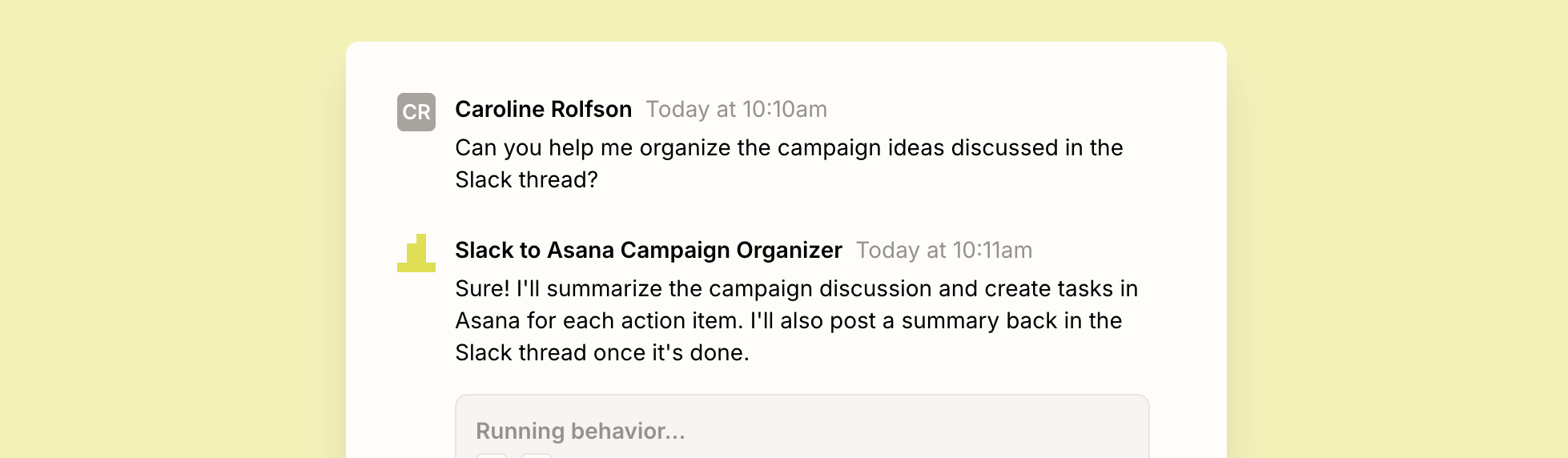 A conversation with an AI agent built in Zapier Agents about organizing campaign ideas discussed in a Slack thread