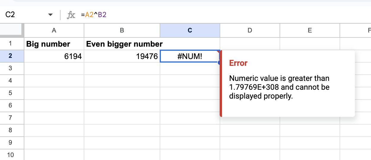 Example of a num error in Google Sheets.