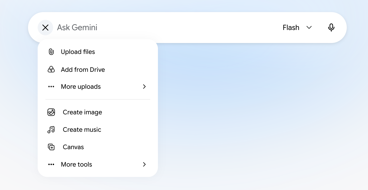 Expanded view of the plus icon menu in Gemini's prompt box.