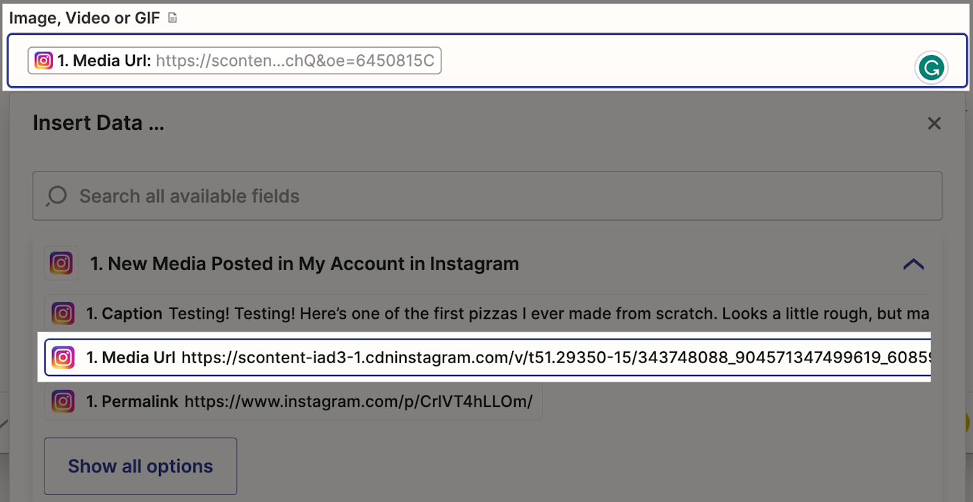 Screenshot highlighting the Media URL data option in the Zapier editor.