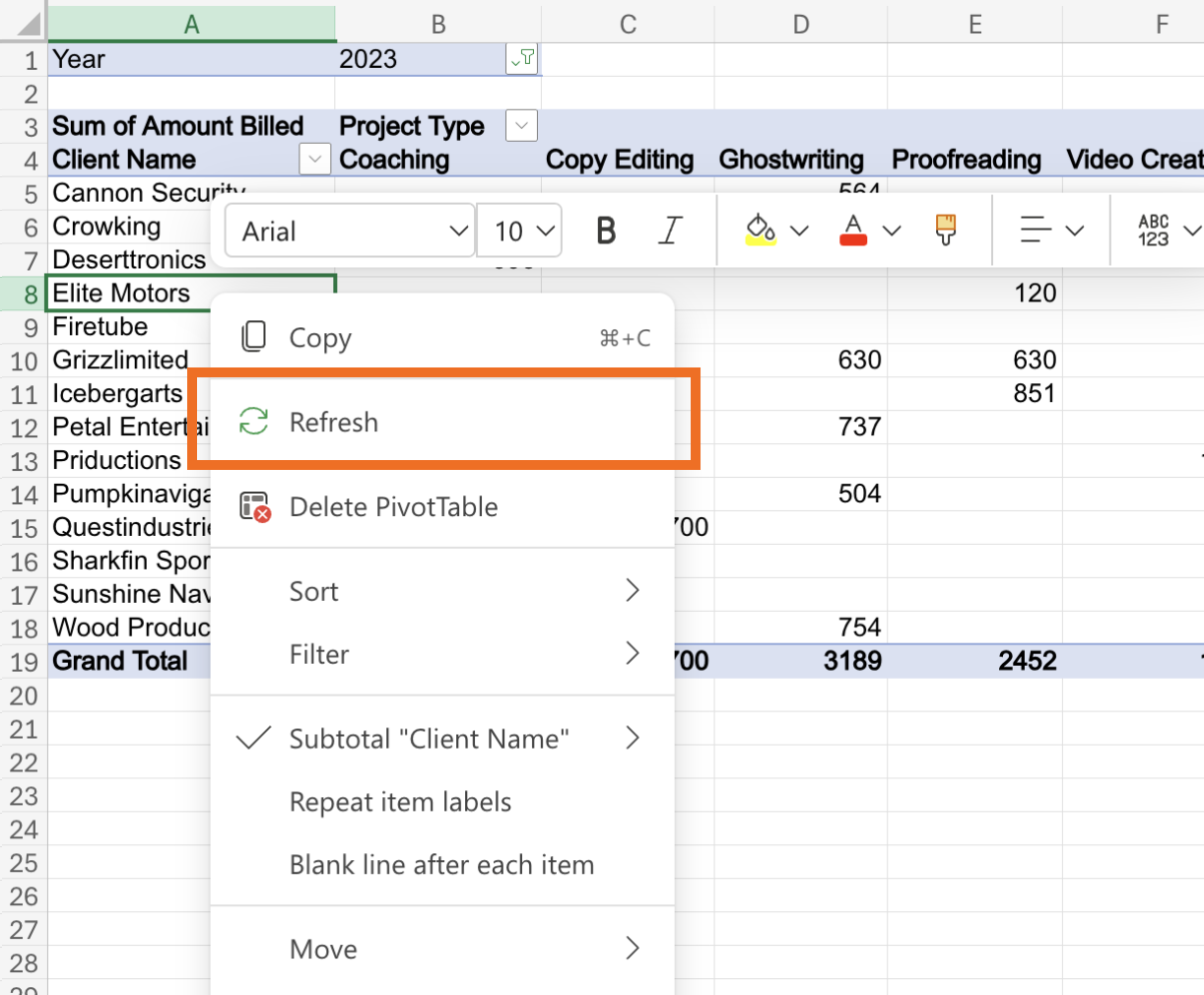 Right-click on the pivot table, then click Refresh.