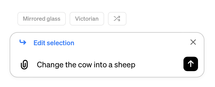 The edit selection prompt "Change the cow into a sheep"