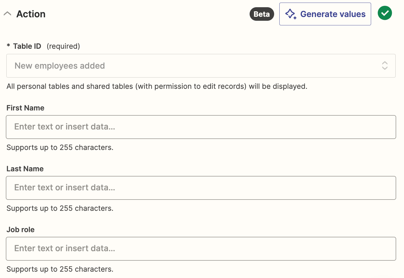 Screenshot of Table fields