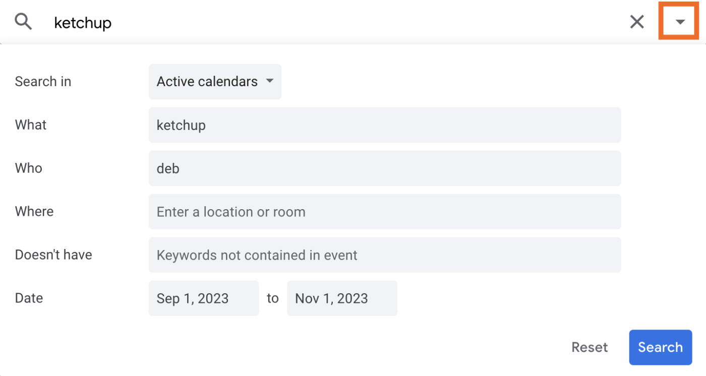 Google Calendar's advanced search feature. 