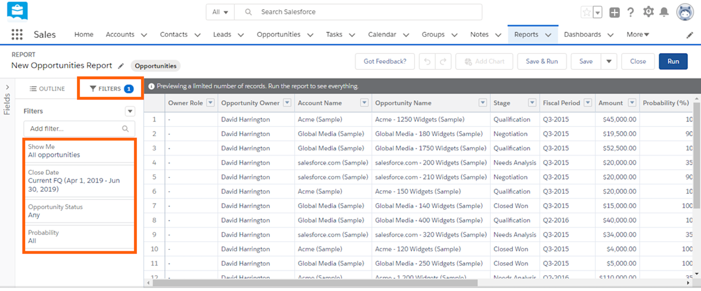 Setting filters to show all current sales opportunities in the current fiscal quarter for the entire company