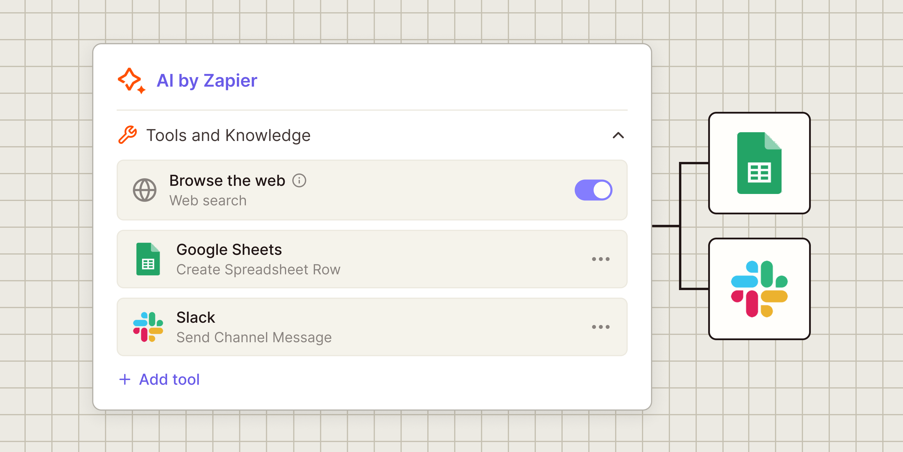 Illustration of an AI by Zapier step's Tools and Knowledge section with Browse the web switched on and two tools, Google Sheets Create Spreadsheet Row and Slack Send Channel Message, above an Add tool link, beside Google Sheets and Slack logos.