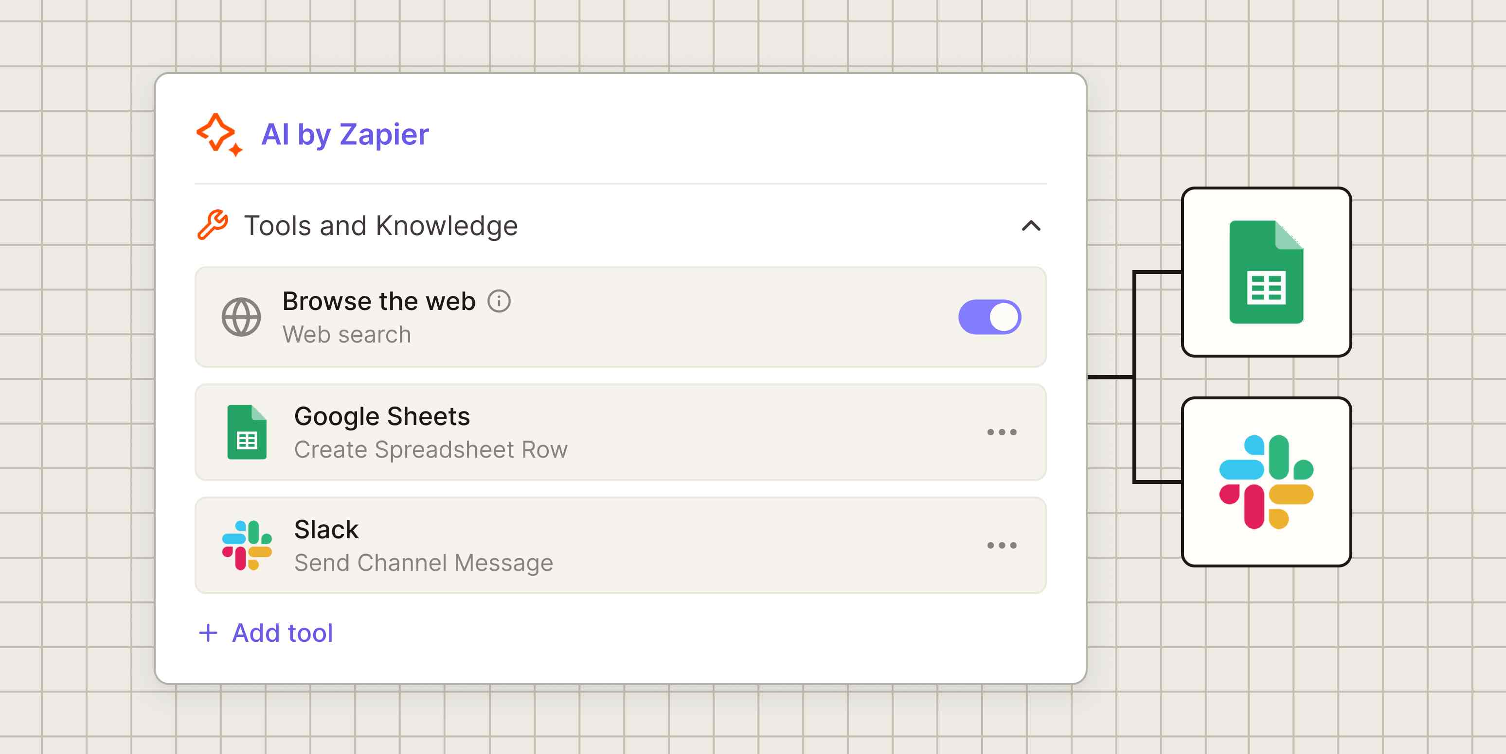 Illustration of an AI by Zapier step's Tools and Knowledge section with Browse the web switched on and two tools, Google Sheets Create Spreadsheet Row and Slack Send Channel Message, above an Add tool link, beside Google Sheets and Slack logos.