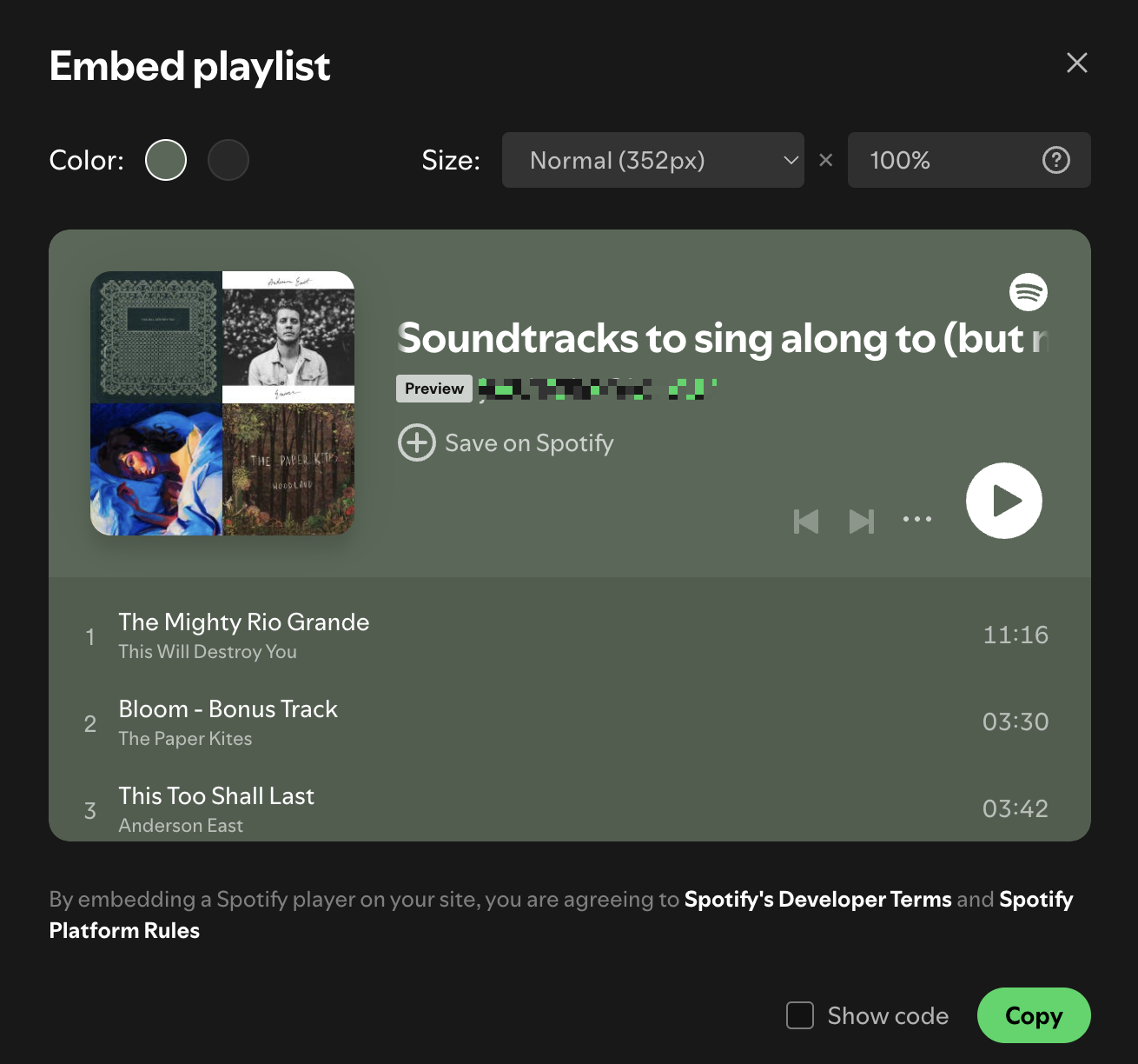 Embed playlist popup in Spotify. 