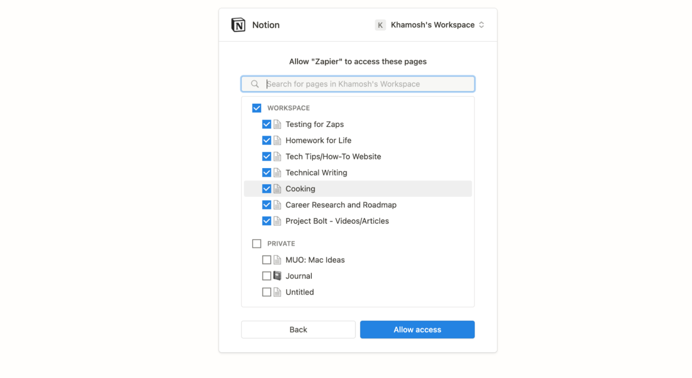 A pop-up screen shows a list of Notion workspaces with blue checkboxes checked off.