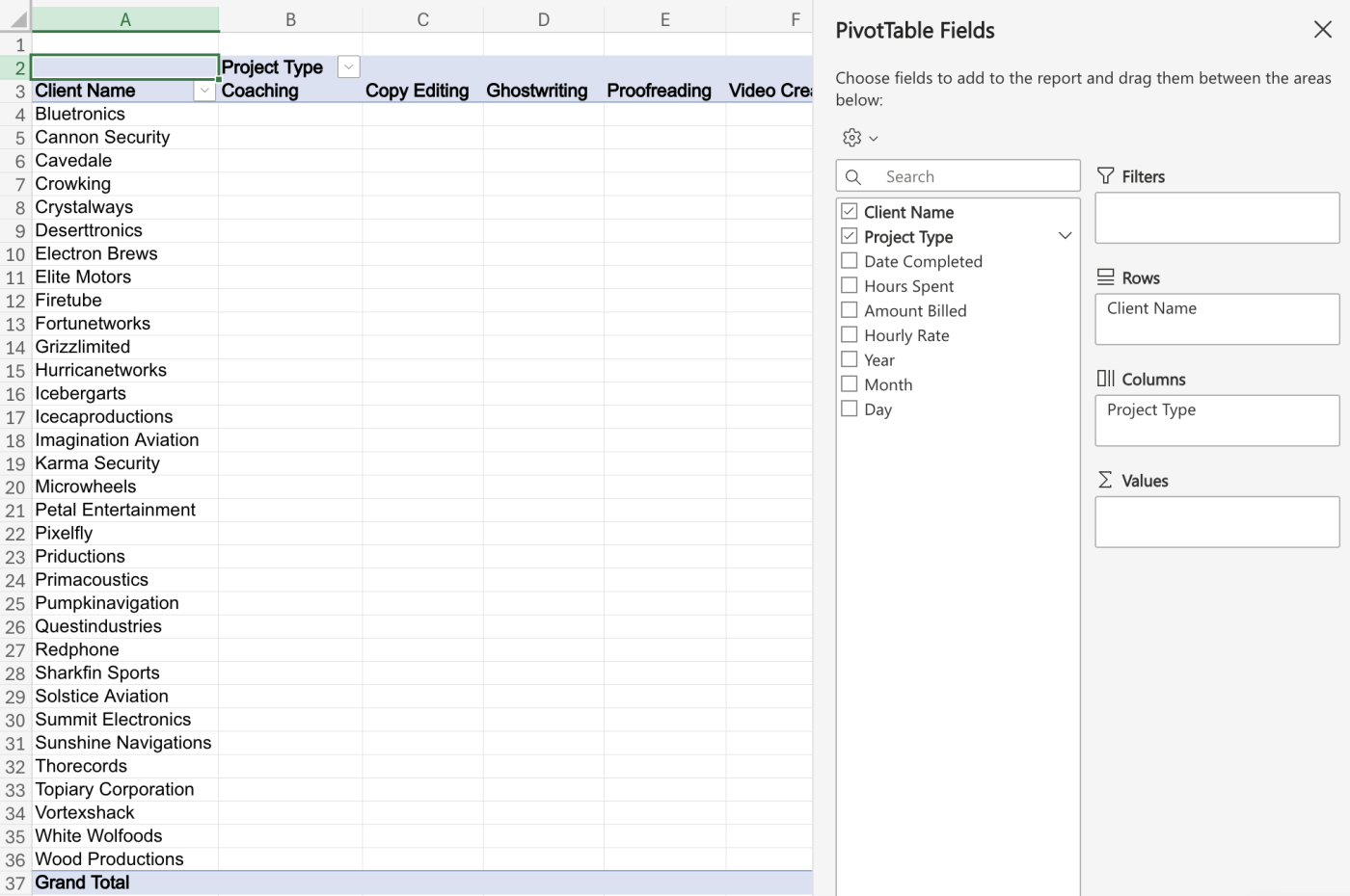 An Excel pivot table with "Project Type" columns generated.