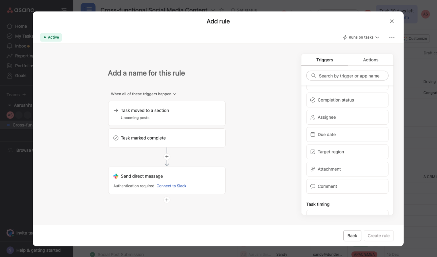 Adding more automation rules in Asana