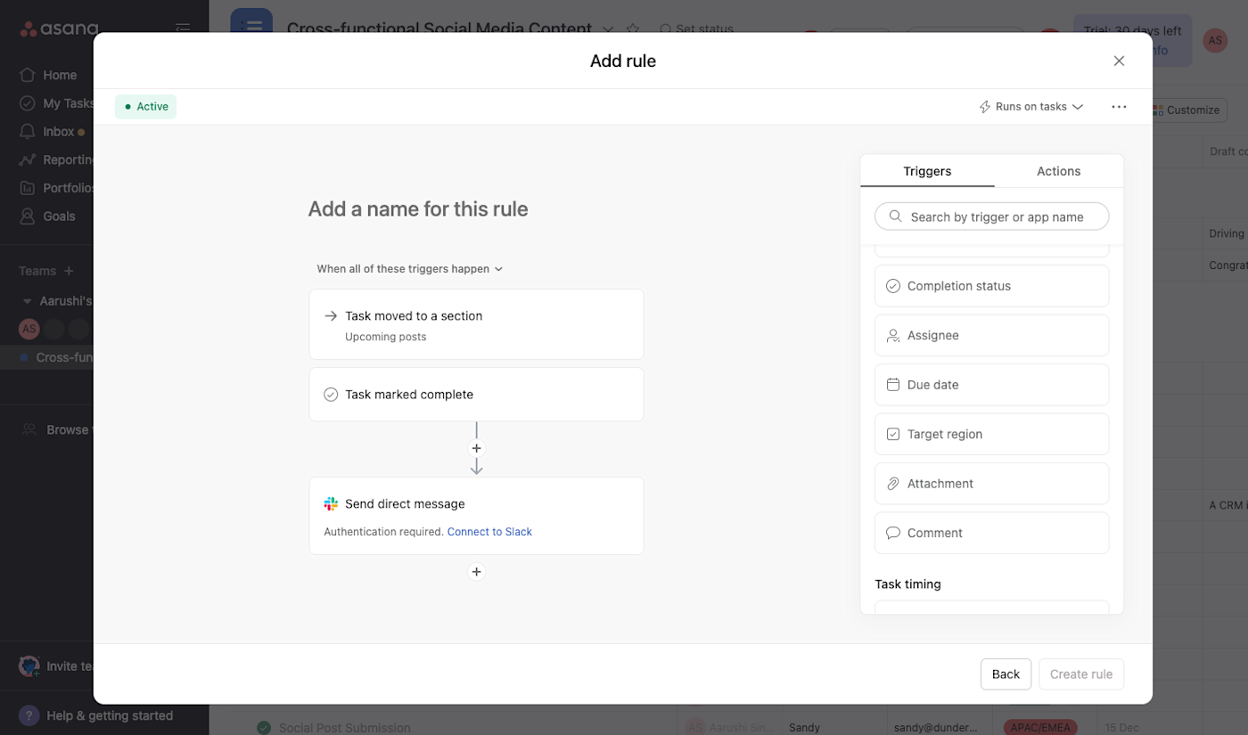 Adding more automation rules in Asana