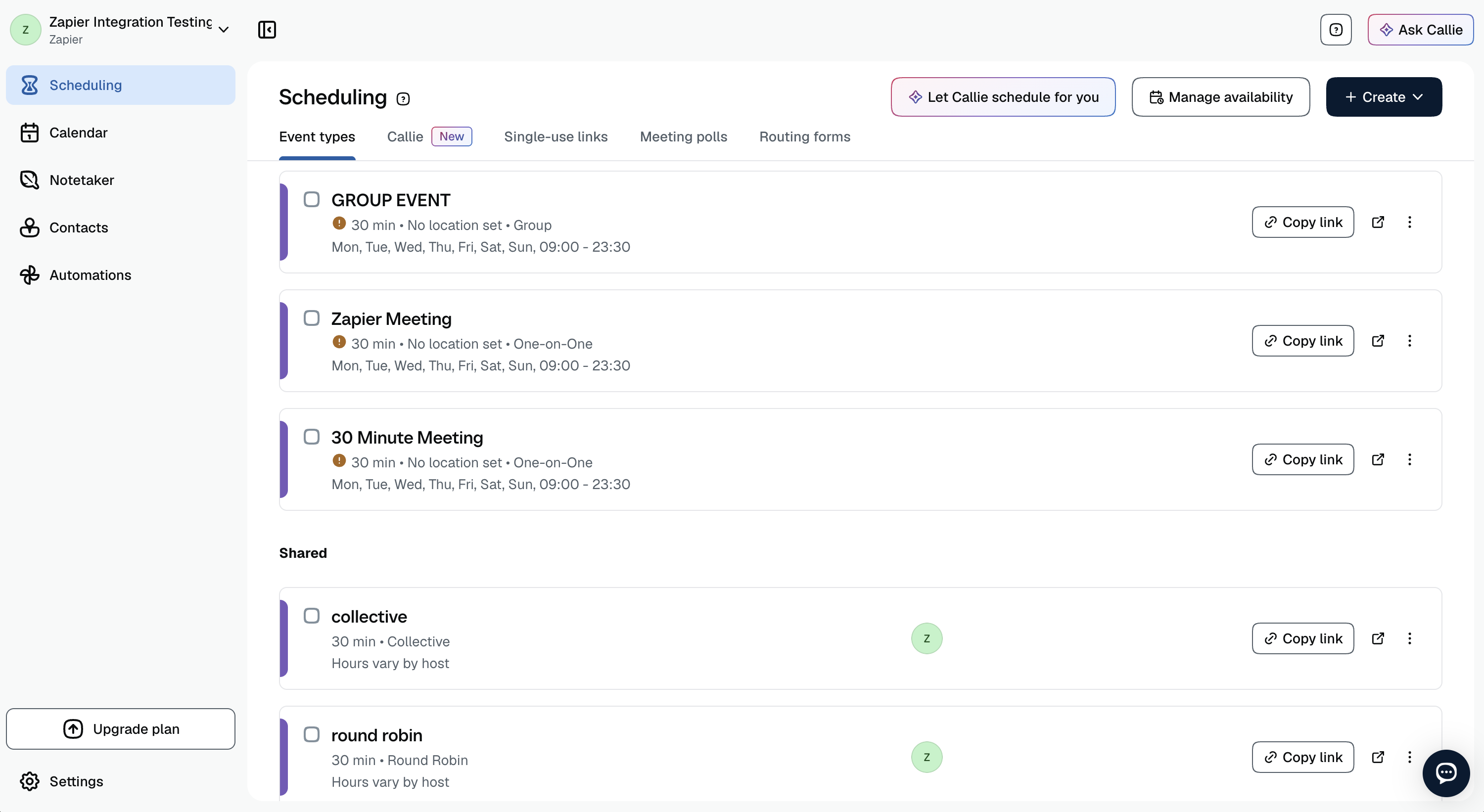 Scheduling page in Calendly.