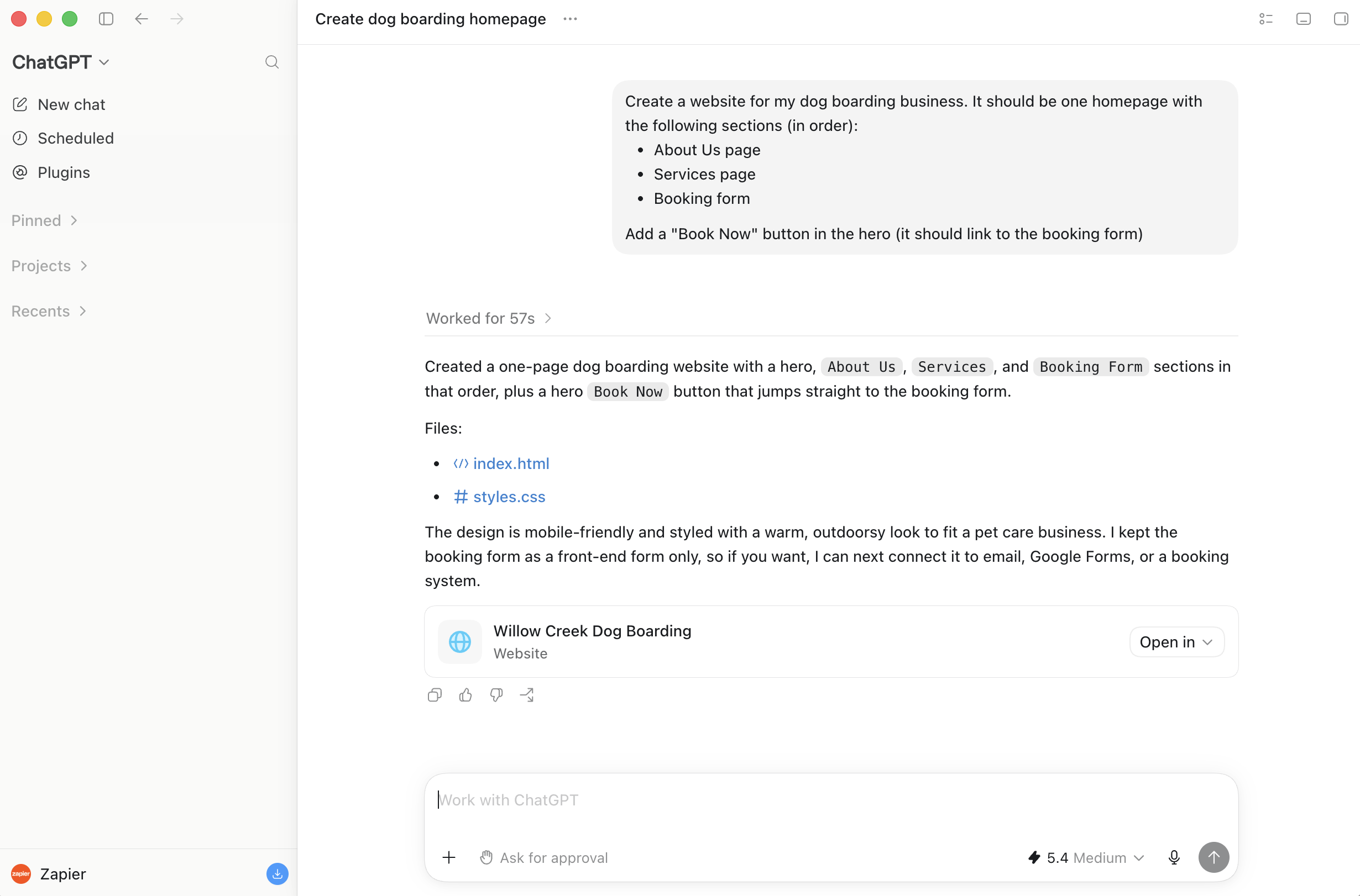 ChatGPT conversation using ChatGPT Work (previously ChatGPT Agent).