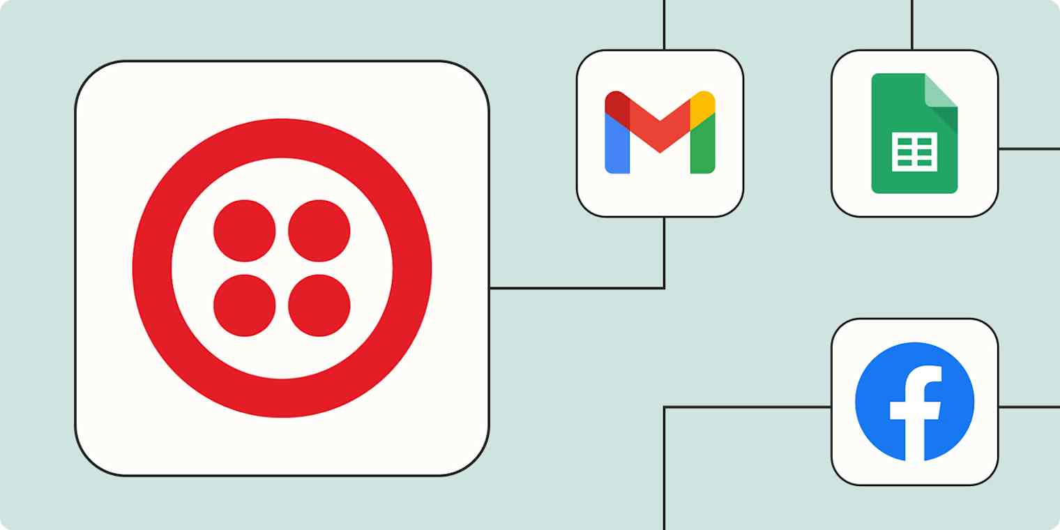 A hero image of the Twilio app logo connected to other app logos on a light blue background.