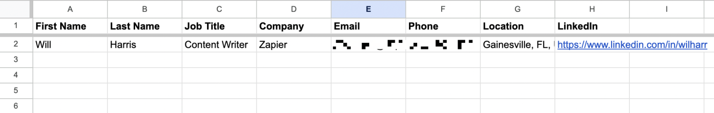 A screenshot of a successful contact transferred from Seamless.AI to Google Sheets.