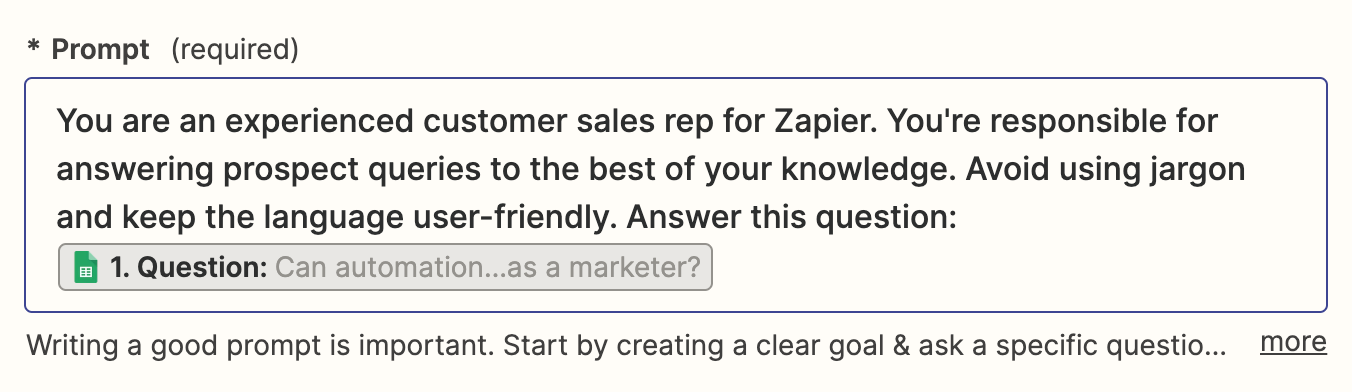 Screenshot of prompt inside Zap editor