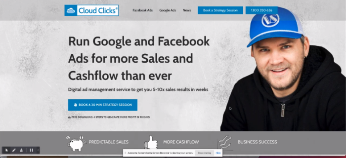 A screenshot of a campaign landing page. It shows a man in a baseball cap and sweatshirt, smiling, with the words "Cloud Clicks" "Run Google and Facebook Ads for more Sales and Cashflow than ever."
