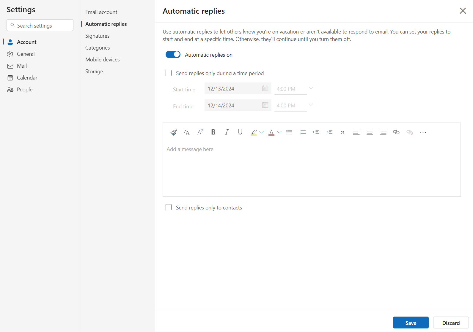 Screenshot of automatic replies with save button 