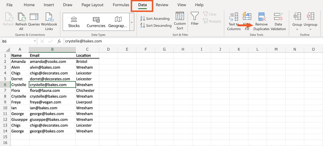 An Excel worksheet with data in columns A to C (name, email, and location, respectively). The data tab in the ribbon is highlighted and an arrow points to the "remove duplicates" tool.