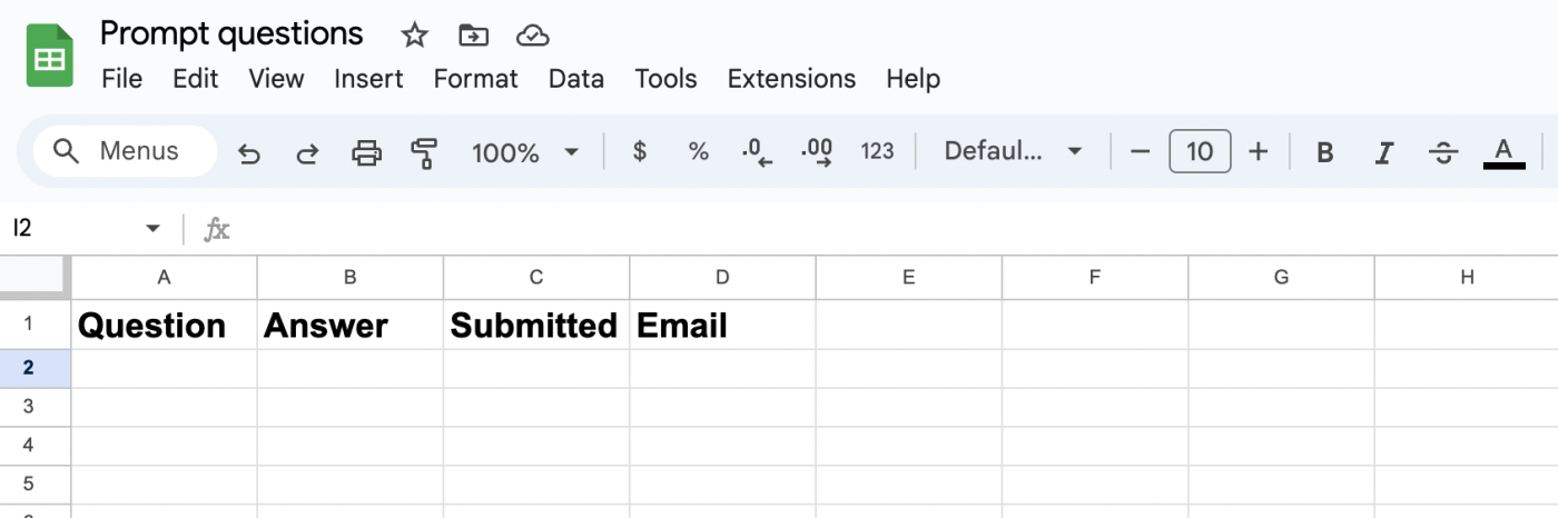 Screenshot of Google Sheets set up