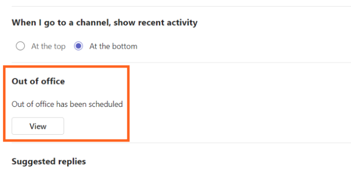 Screenshot of Teams menu with out of office status section highlighted.