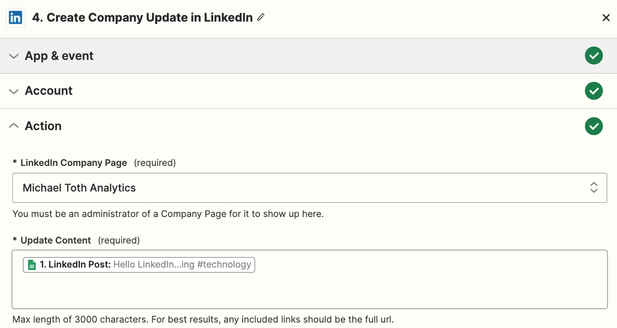 A LinkedIn action step in the Zap editor with fields filled in.