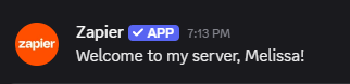 A welcome message in Discord that says "Welcome to my server, Melissa!"