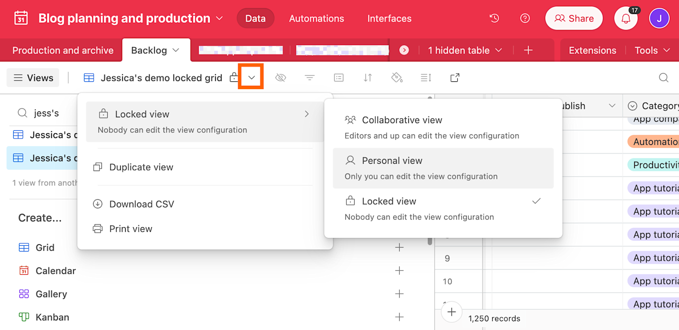 Dropdown menu of Airtable view configurations. 