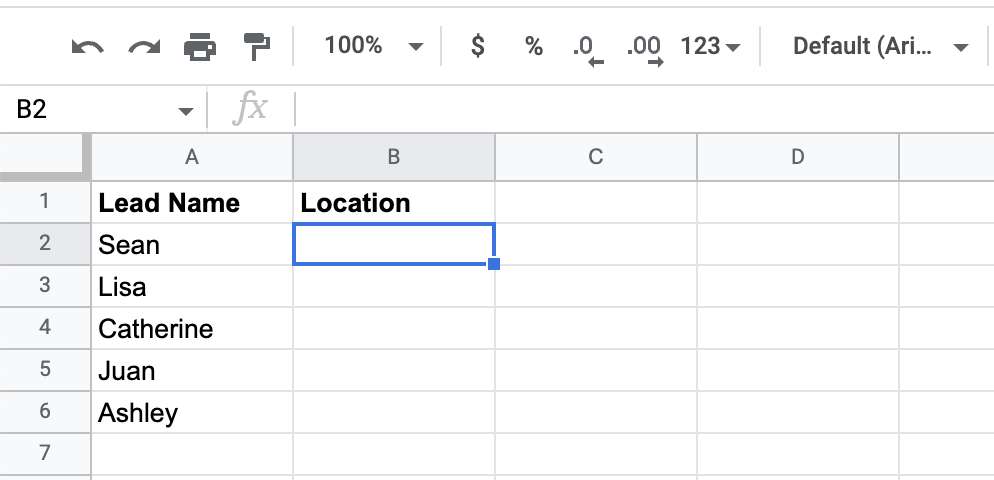 Selecting a cell in Google Sheets to add a dropdown list.