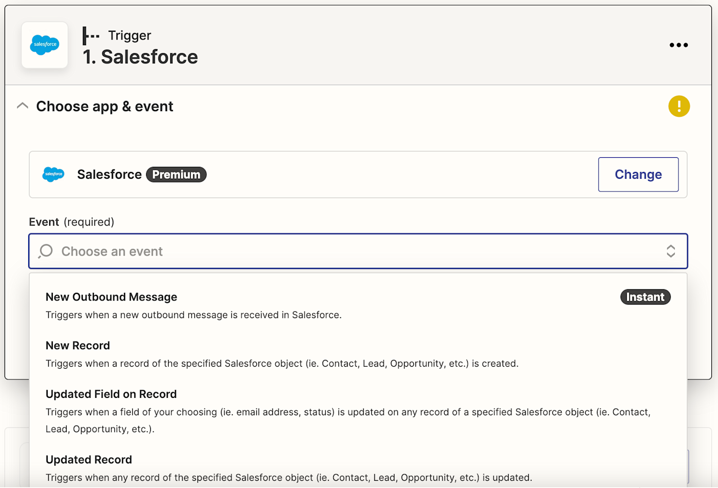 The Event dropdown shown open with Salesforce triggers listed in it.