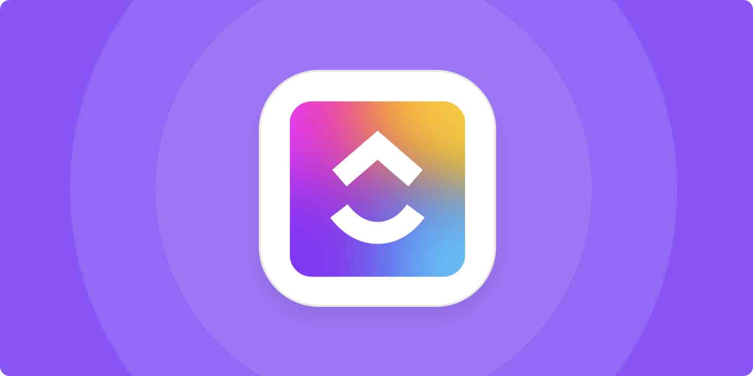 A hero image for ClickUp app tips with the ClickUp logo on a purple background