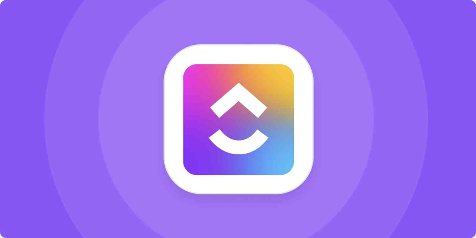 A hero image for ClickUp app tips with the ClickUp logo on a purple background