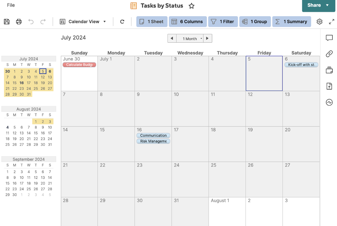 An image of a Calendar view in Smartsheet.