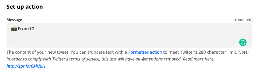 The message field in a Twitter action step