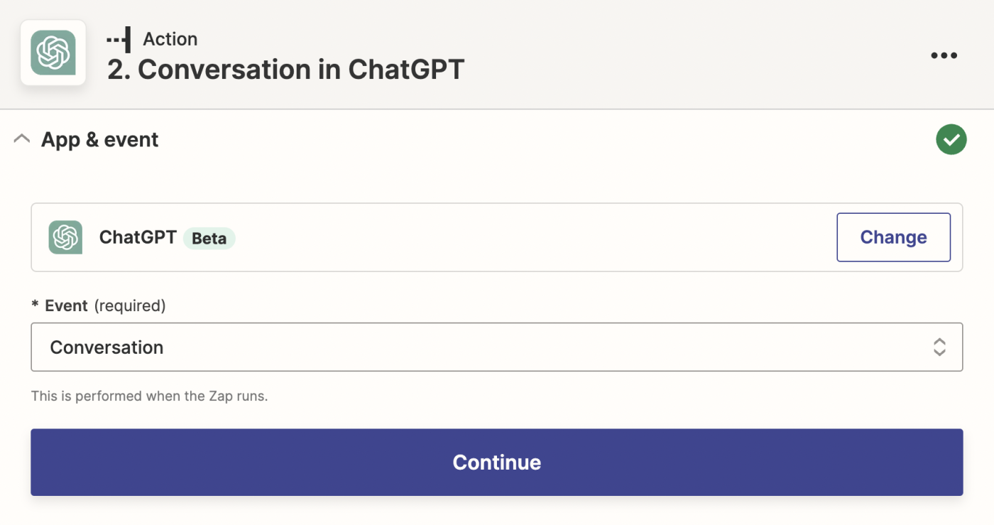 A screenshot of the setup for a ChatGPT action step in the Zapier editor.