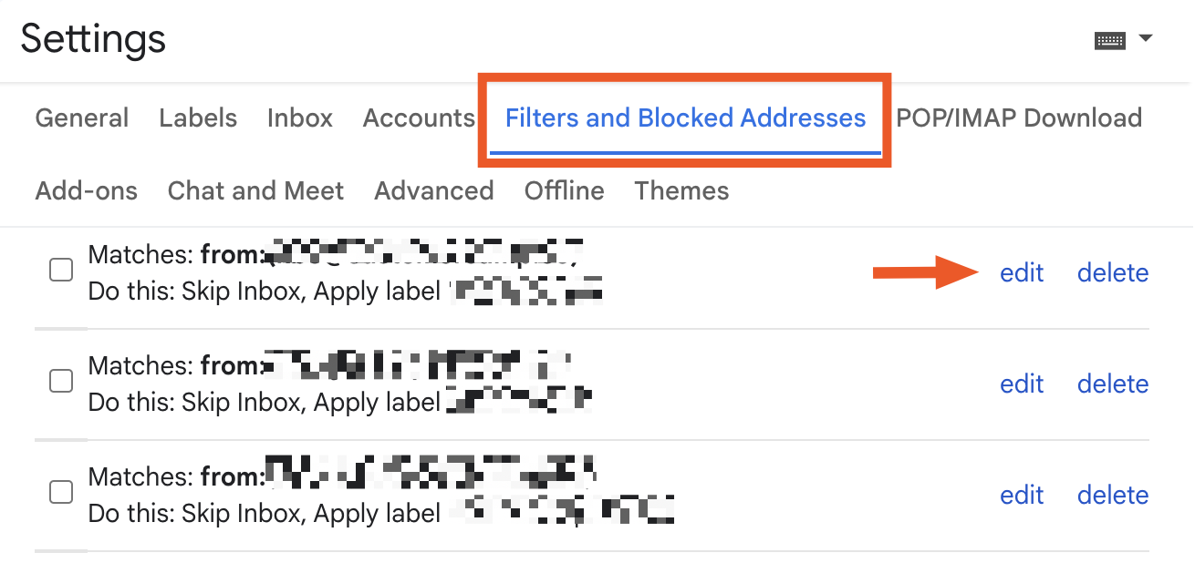 How to edit filters in Gmail from the settings page.