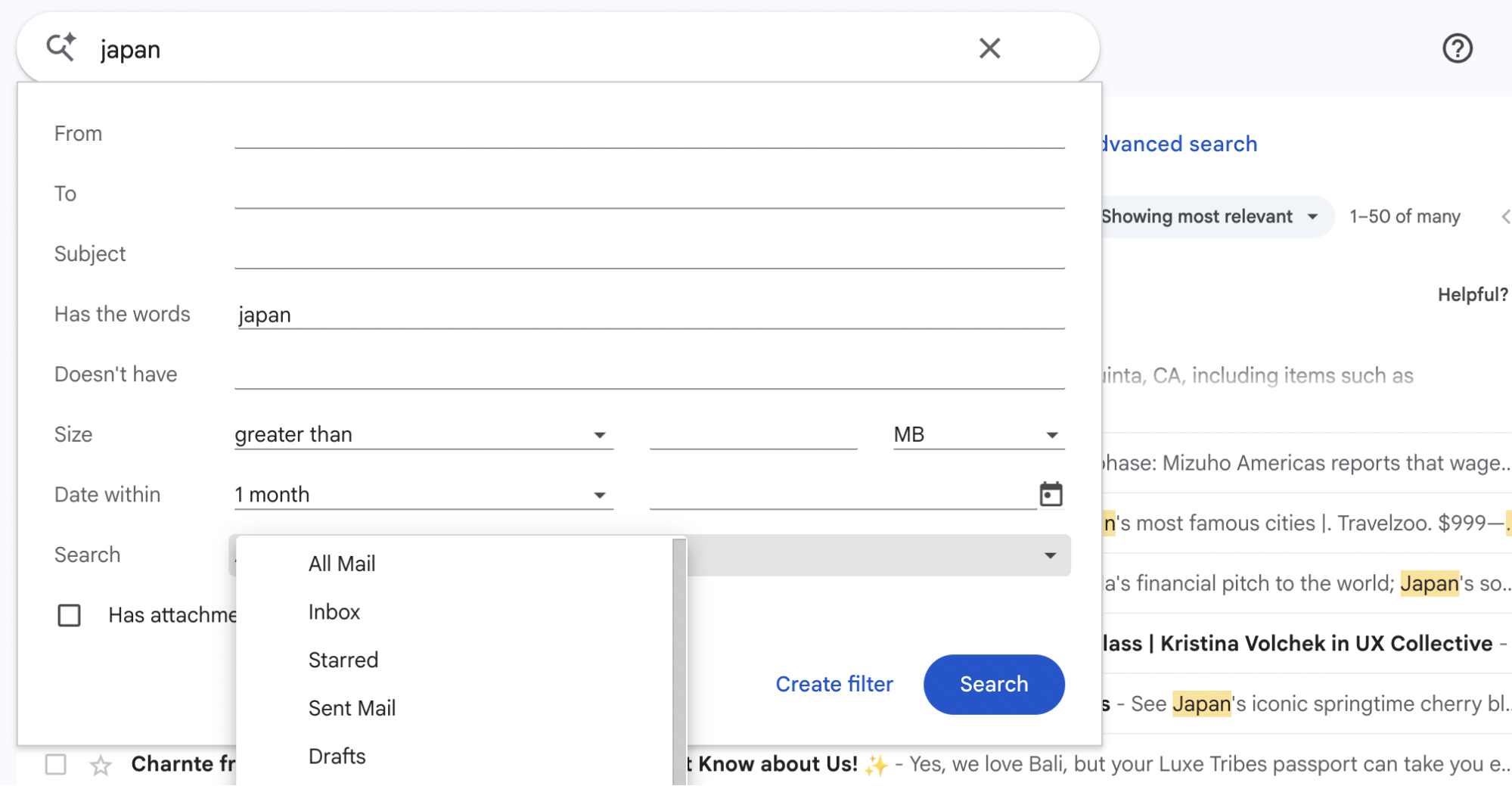 Screenshot of Gmail's search filter.
