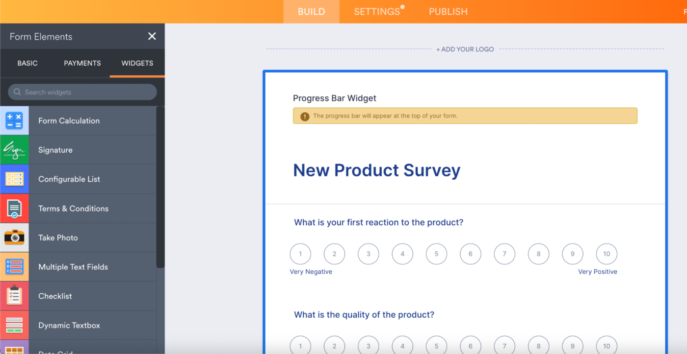 Jotform, our pick for the best online survey app for widgets and add-ons