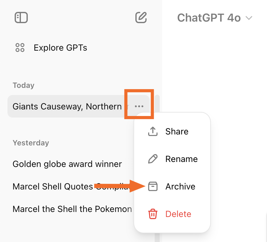 Expanded view of the options menu for a ChatGPT conversation with an arrow pointing to the archive option.