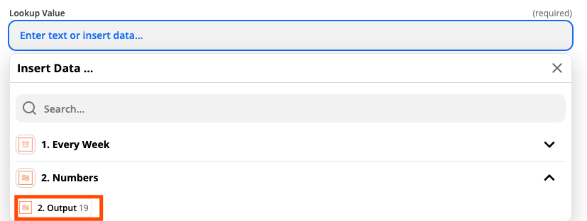 The Lookup Value options in the Zap editor. A red box highlights the output from Numbers.