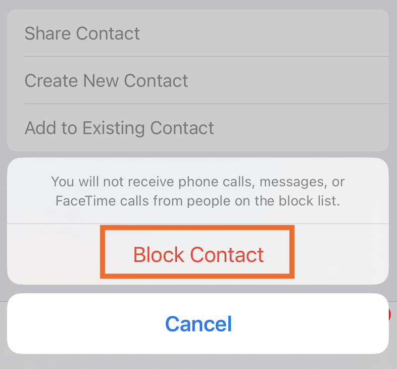 Popup on iPhone with option to block contact highlighted. 