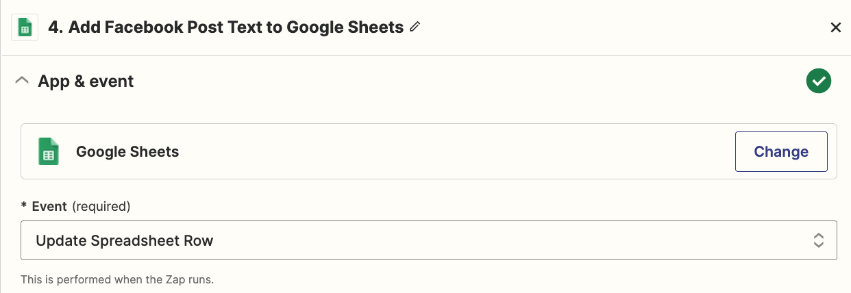 An action step in the Zap editor with Google Sheets selected for the action app and update spreadsheet row selected for the action event.