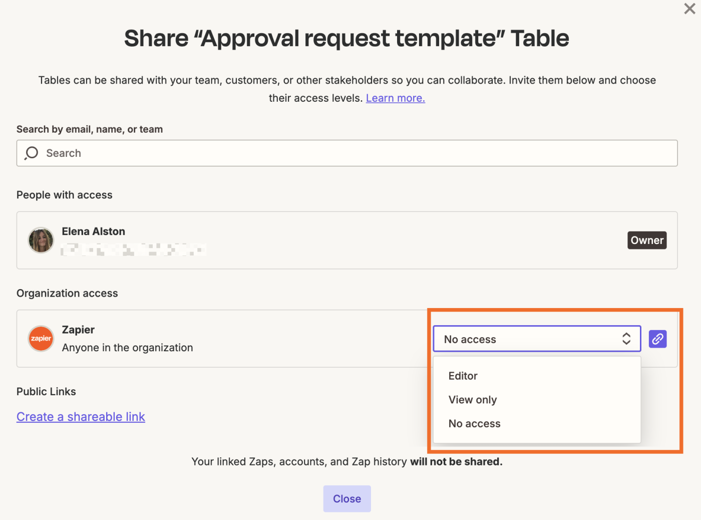 Screenshot of access within tables