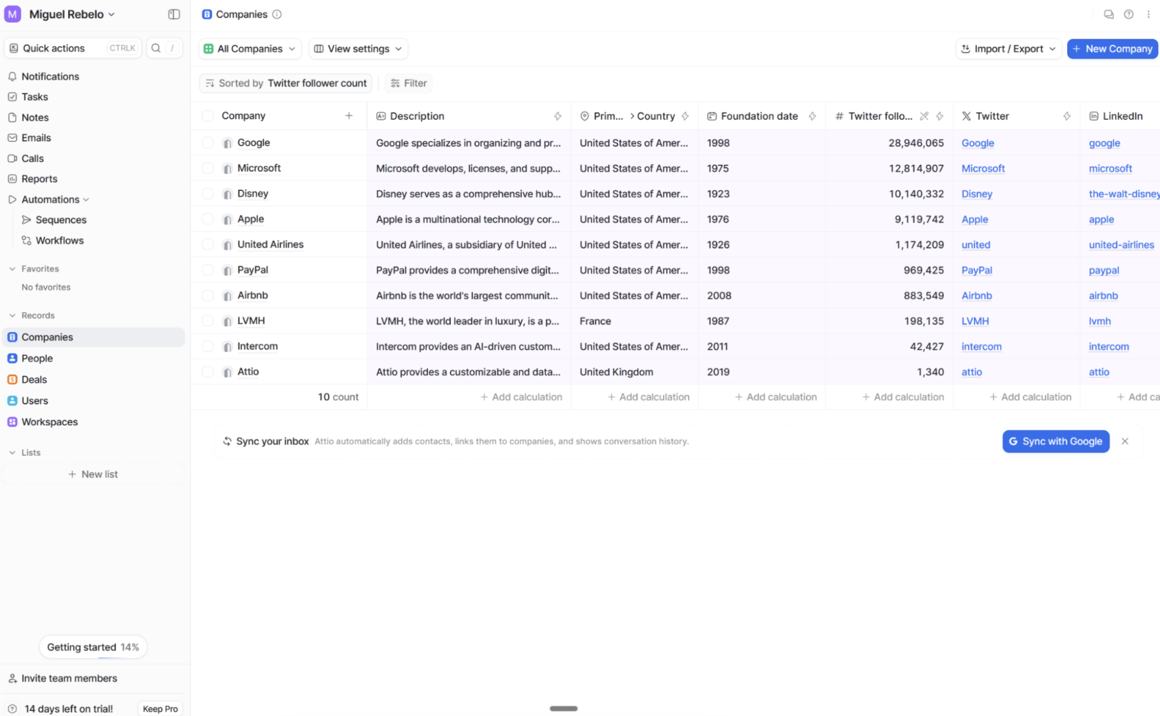A screenshot of Attio, an AI CRM.