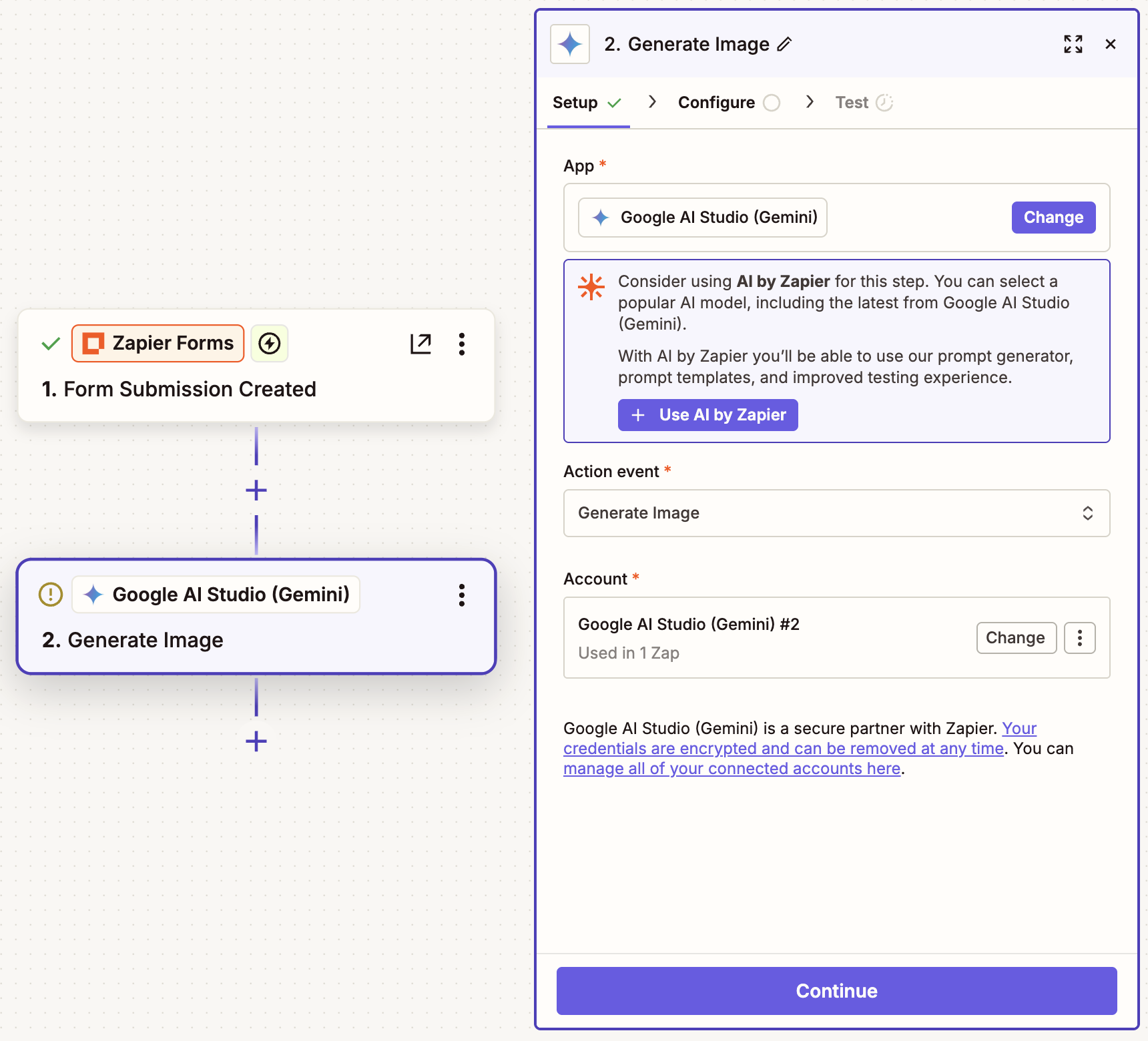 The setup page for a Gemini action step