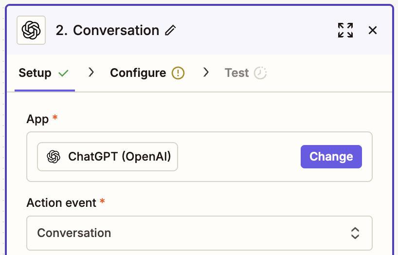 Zapier action setup showing ChatGPT (OpenAI) app with Conversation selected as the action event